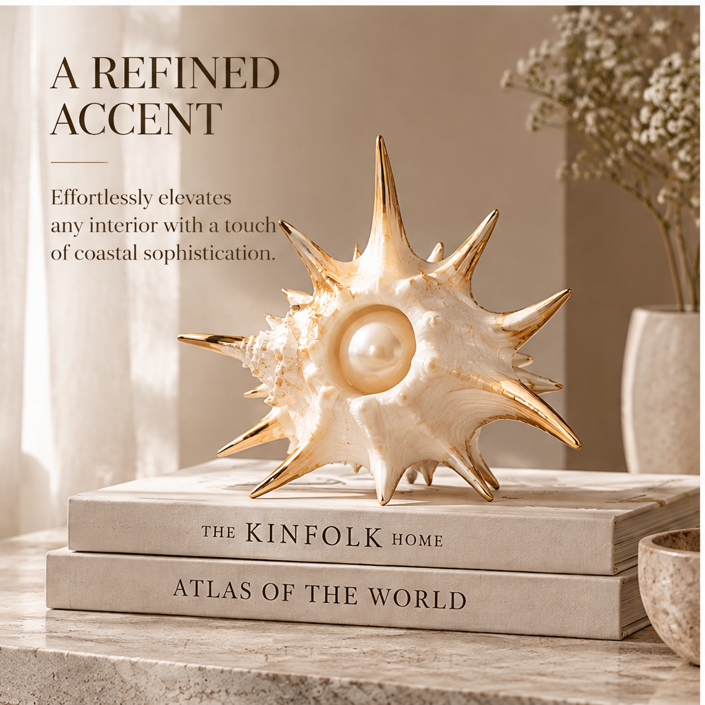 Spiked shell sculpture styled on books beside neutral accessories