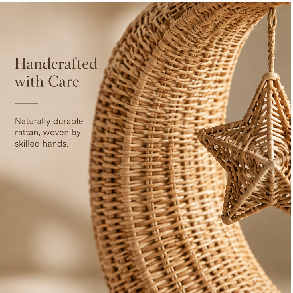 Close-up of woven moon edges, twisted suspension cord, and star detail