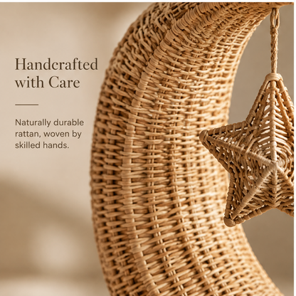 Close-up of woven moon edges, twisted suspension cord, and star detail