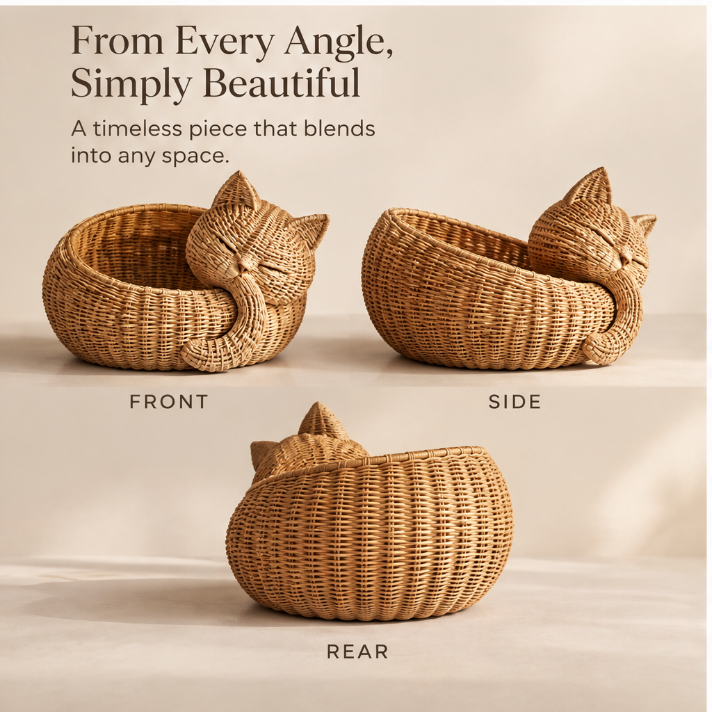 Detail view of cat-shaped rattan basket and its woven rim