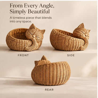 Detail view of cat-shaped rattan basket and its woven rim