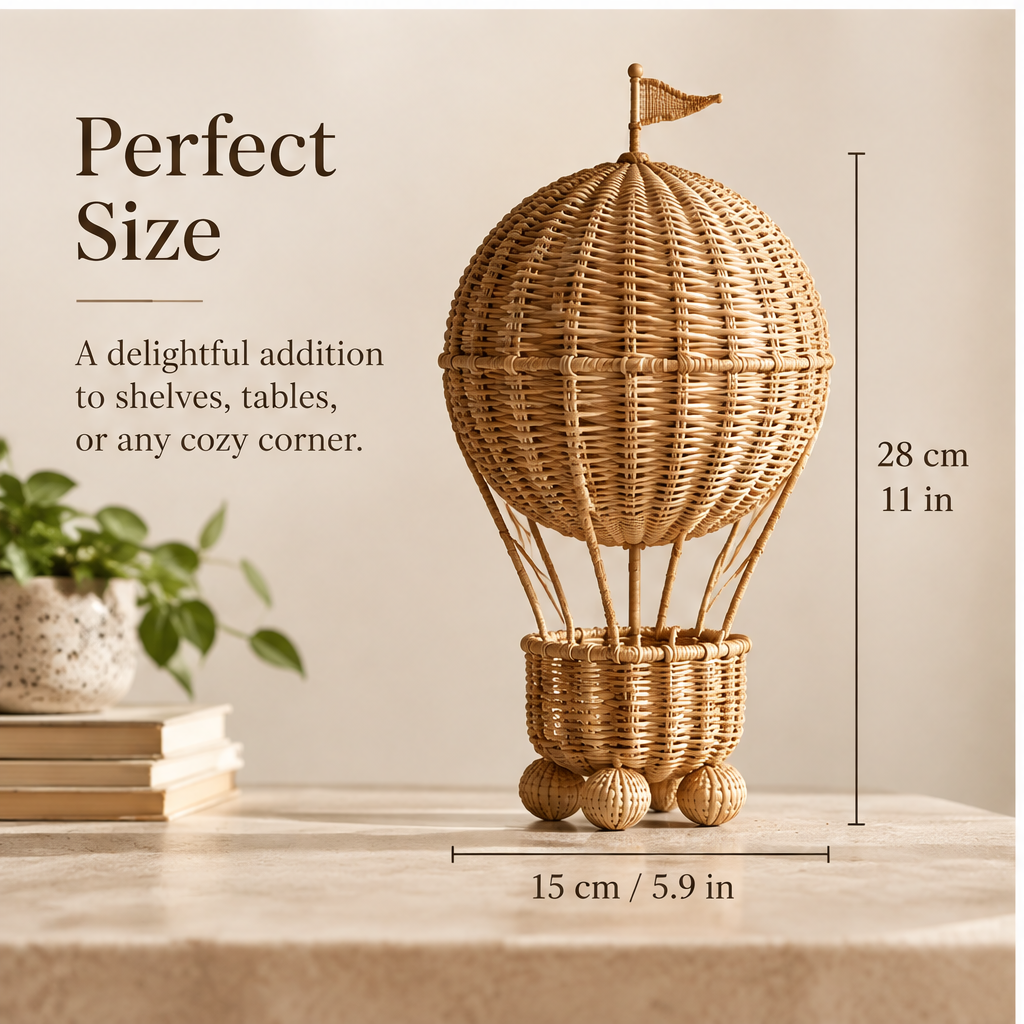 Rattan hot air balloon decor styled beside books and greenery