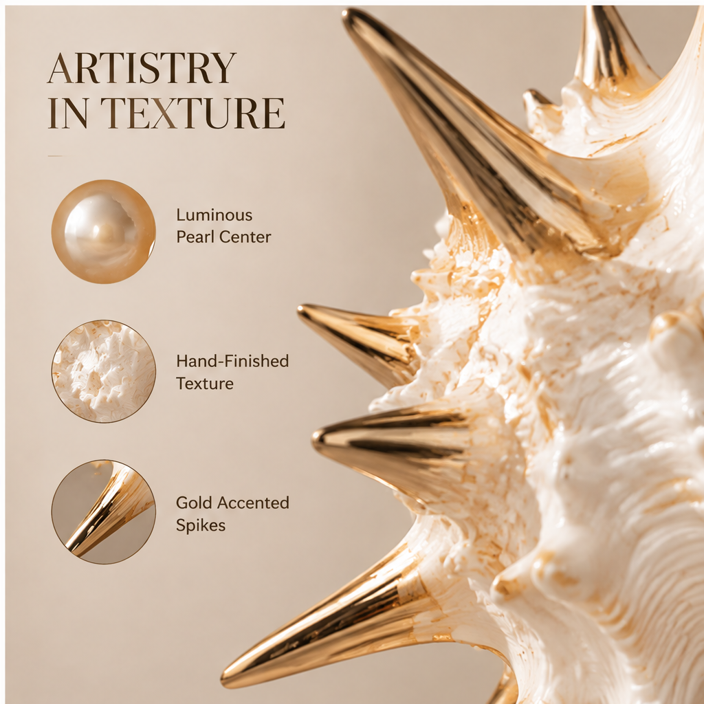 Close-up of textured ivory surface and reflective gold-toned spikes