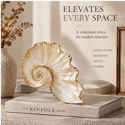 Spiral shell decoration styled on a book in a neutral interior