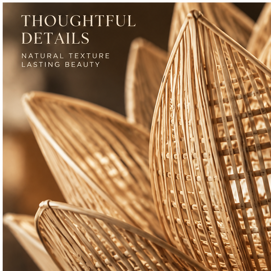Bamboo lotus decoration displayed on its contrasting dark round base