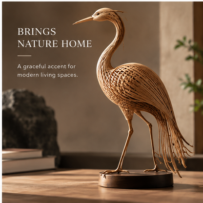 Bamboo bird sculpture styled on a console beside books and neutral accessories