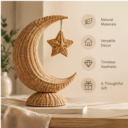 Rattan moon and star decor displayed on books in a neutral interior