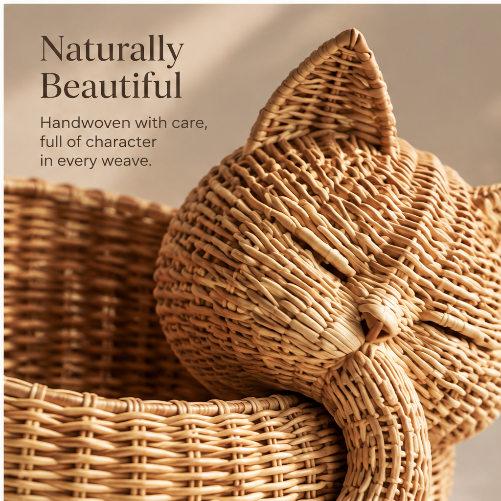 Front, side, and rear views of the cat-shaped rattan basket