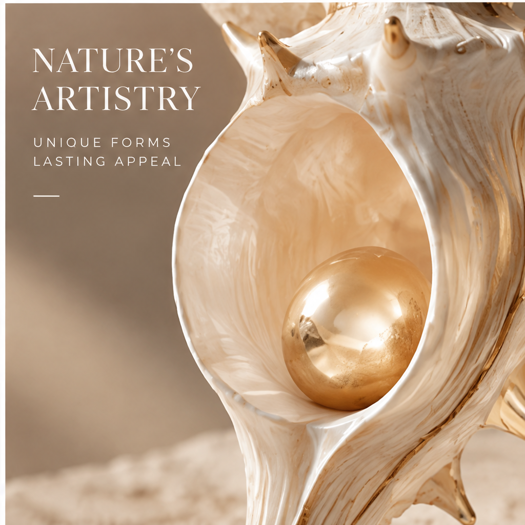Angled view of the elongated shell decoration and gold-toned details