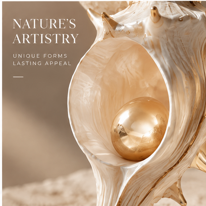 Angled view of the elongated shell decoration and gold-toned details