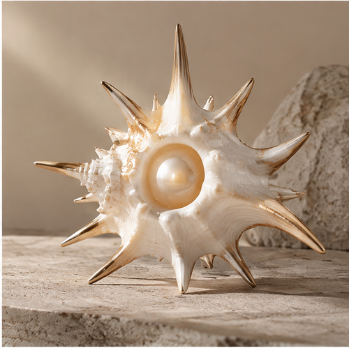 Ivory-toned shell sculpture with radiating gold-toned spikes and a pearl-like sphere