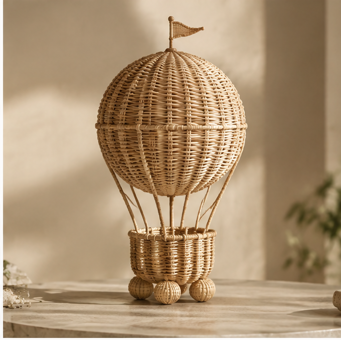 Rattan hot air balloon decoration with a miniature flag, woven basket, and spherical feet