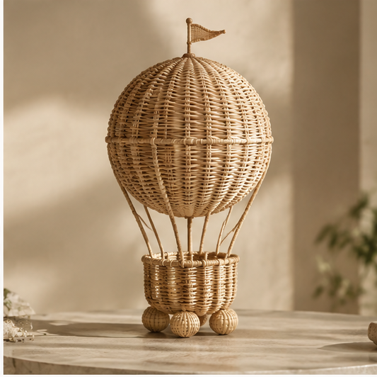 Rattan hot air balloon decoration with a miniature flag, woven basket, and spherical feet