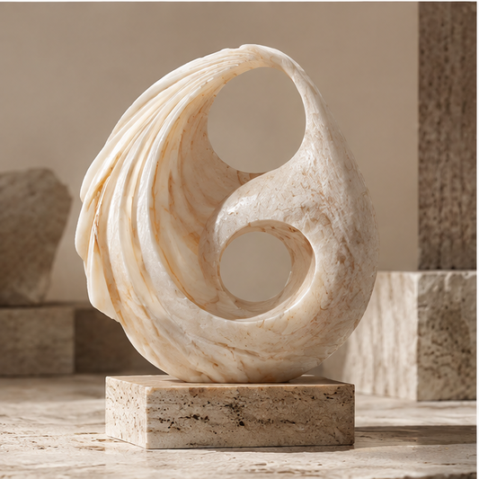 Ivory-toned double-loop shell-inspired sculpture displayed on a rectangular plinth