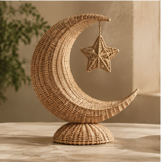 Rattan crescent moon ornament with a suspended five-pointed star and circular base