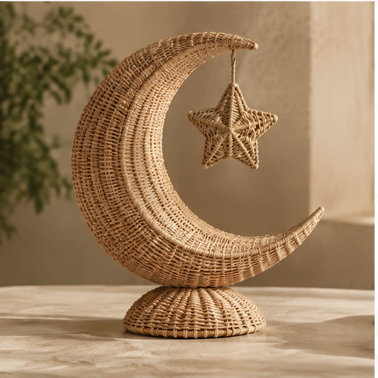 Rattan crescent moon ornament with a suspended five-pointed star and circular base