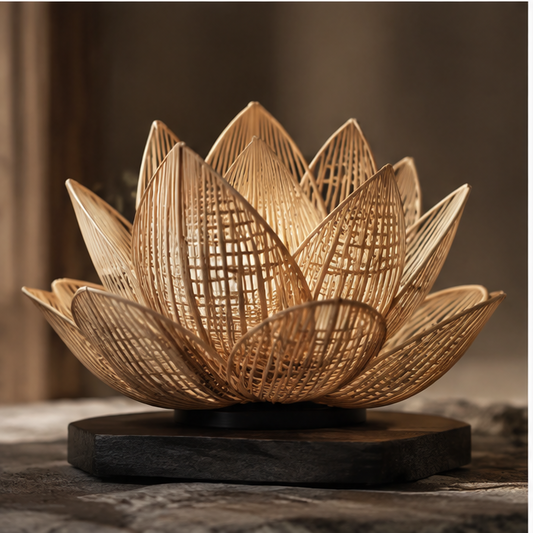 Layered bamboo lotus decor with pointed open-weave petals on a dark circular base
