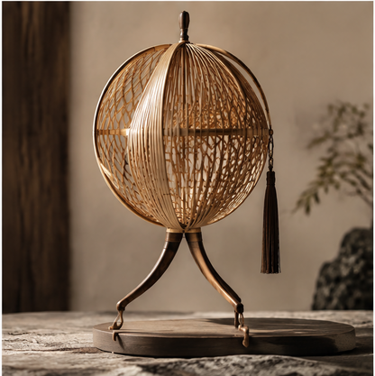 Bamboo orb decor sculpture with open weaving, dark tassel, and curved supports