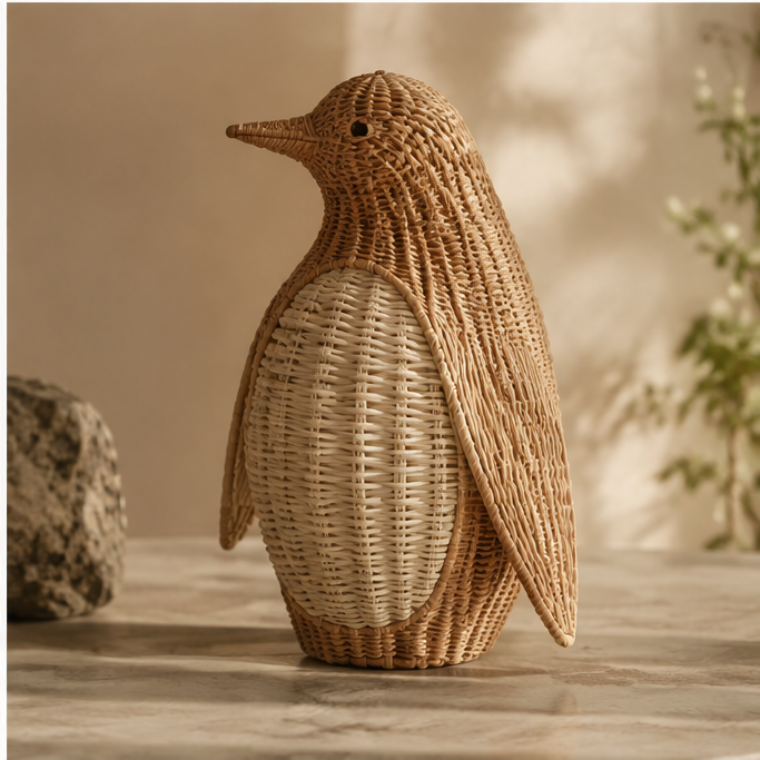 Two-toned rattan penguin figurine with a cream belly and long woven flippers