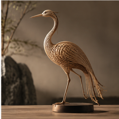 Bamboo heron-inspired bird sculpture with curved neck and trailing tail on a dark circular base